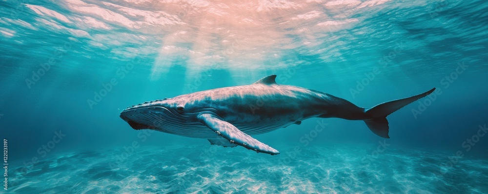 Obraz premium World whale day with marine and habitat idea. Majestic whale swimming in clear blue ocean waters.