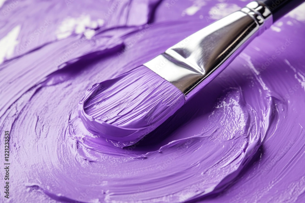 Brush coated in vibrant purple paint on a textured palette with smooth blending Brush coated in vibrant purple paint on a textured palette with smooth blending