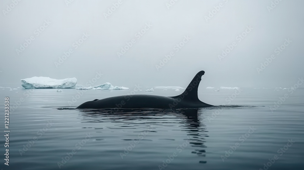 Naklejka premium World whale day with marine and habitat idea. Whale swimming in misty water near icebergs.