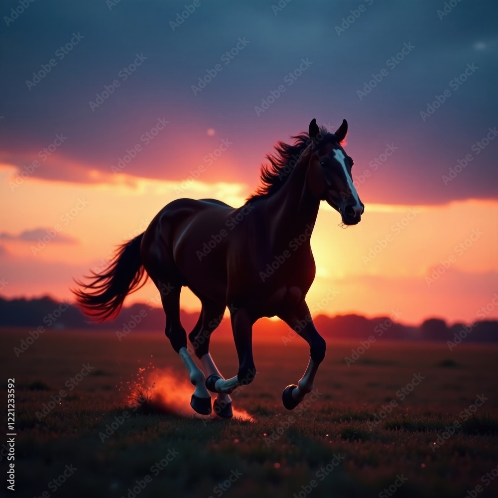 Thoroughbred sprinter in the twilight, running, field Thoroughbred sprinter in the twilight, running, field