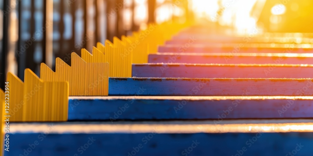 Obraz premium financial planning debt tools concept. Sunset light illuminates colorful wooden steps leading to a pier, creating a warm, inviting atmosphere.