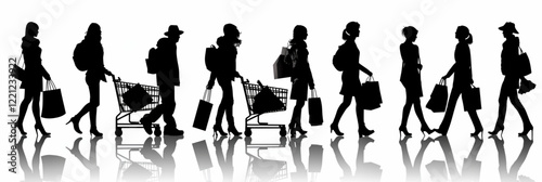 Silhouettes of people shopping and walking in fashionable outfits with family and kids, unique vector icon set