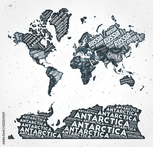 World countries word clouds. World shape on textured background. Typographic style design. Artistic vector illustration.