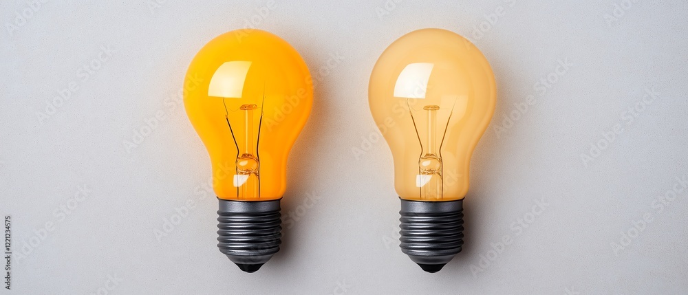 Two light bulbs, one orange and one yellow, placed against a light grey background. Ideal for illustrating concepts of innovation, energy efficiency, or modern lighting solutions. Two light bulbs, one orange and one yellow, placed against a light grey background. Ideal for illustrating concepts of innovation, energy efficiency, or modern lighting solutions.
