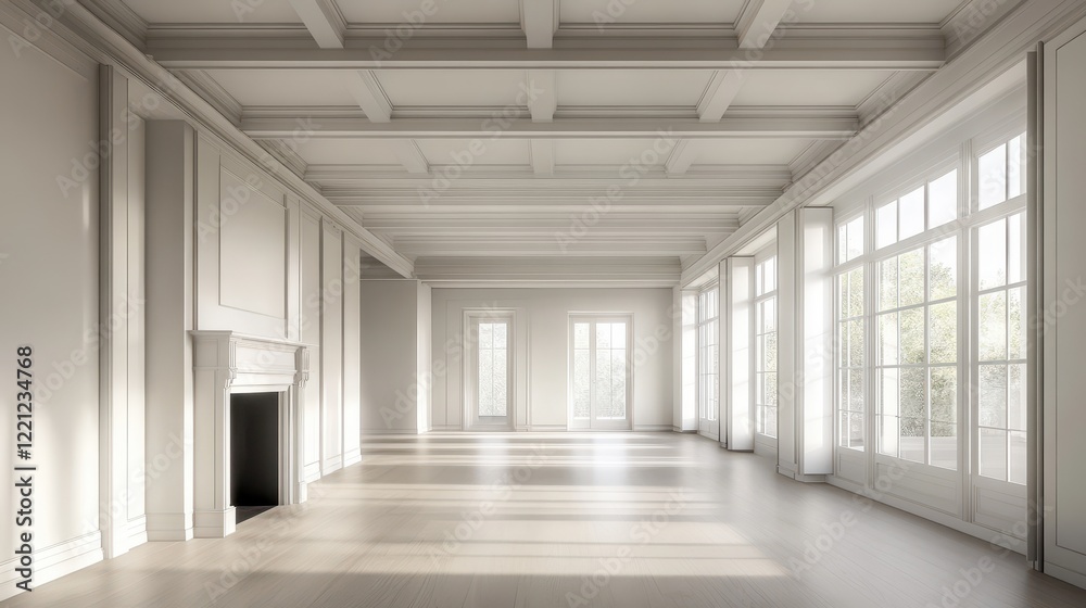Fototapeta premium A light and airy empty room featuring a fireplace, panoramic window, and a column, offering a spacious and elegant setting ideal for customization and design.