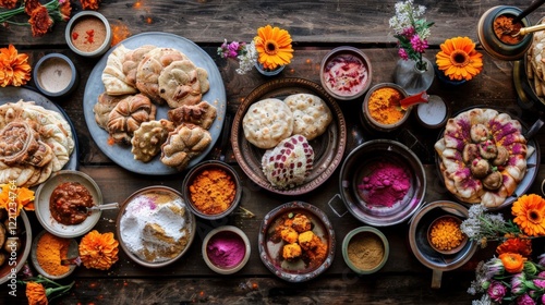 Colorful Celebration of Traditional Indian Sweets and Savories on Rustic Wooden Table with Fresh Flowers and Vibrant Spices. photo