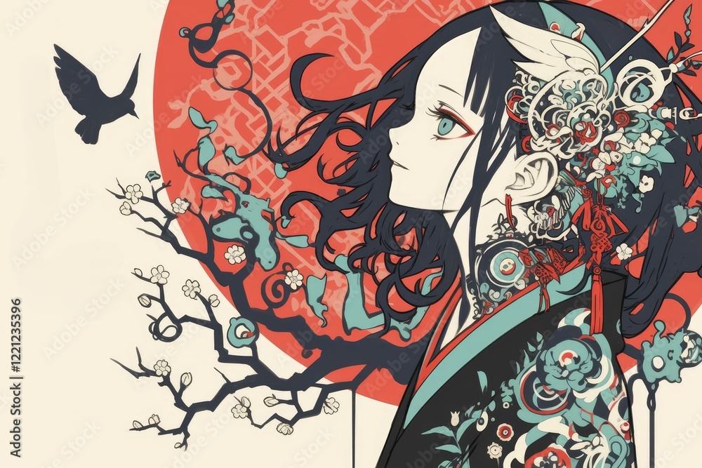 Obraz premium Anime Girl with Red Sun and Blossoming Branches