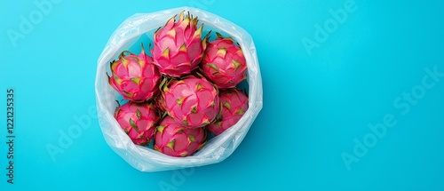 Vibrant dragon fruits arranged in a plastic bag against a bright turquoise background, showcasing their unique colors and textures, perfect for food photography and healthy lifesty photo