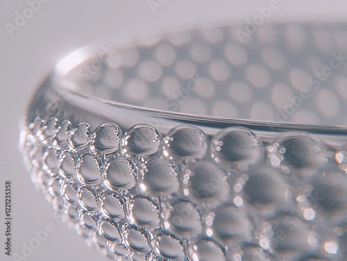 A close-up of water with subtle refractions of light, showcasing intricate droplets and textures against a clean white backdrop, emphasizing the clarity of the water photo