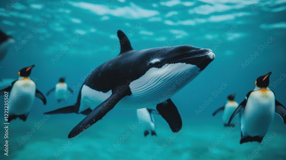 Obraz premium World whale day with marine and habitat idea. Underwater scene with whale and penguins swimming together.