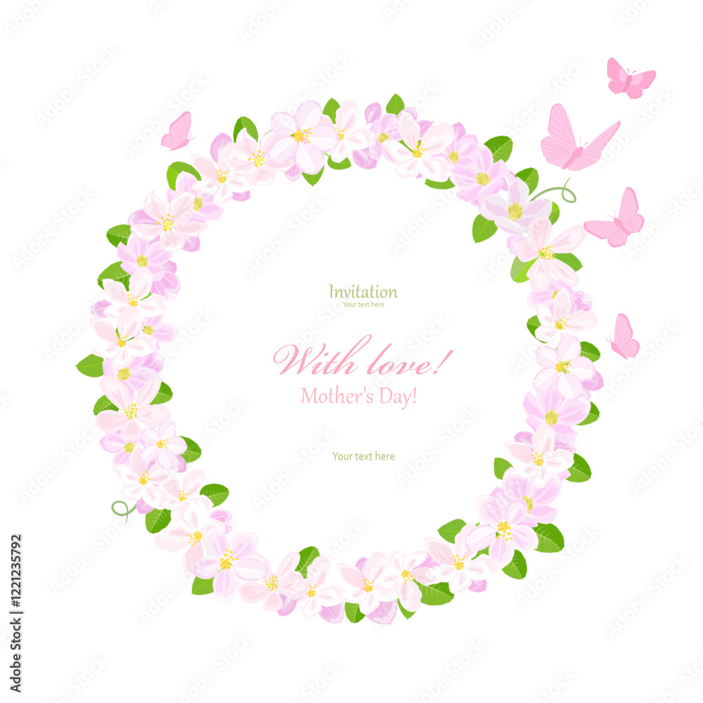 wreath of white flowers and leaves. round frame of apple blossoms and pink butterflies. with love mother day wreath of white flowers and leaves. round frame of apple blossoms and pink butterflies. with love mother day
