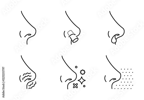 Nose line icon set - hygiene, allergy, flu, cold, irritation, pollen, snot, runny nose. Linear illustration, editable stroke icon