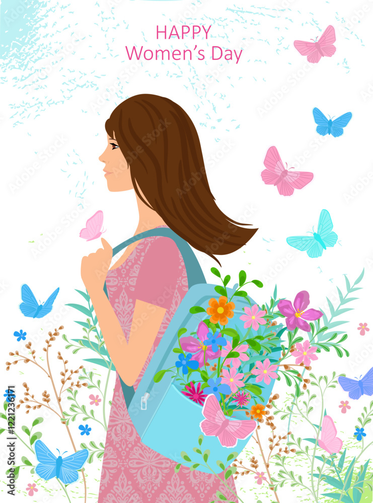 profile view of brunette woman with backpack against blooming garden. bouquet of wildflowers in pocket of backpack. happy womens day. mother day profile view of brunette woman with backpack against blooming garden. bouquet of wildflowers in pocket of backpack. happy womens day. mother day
