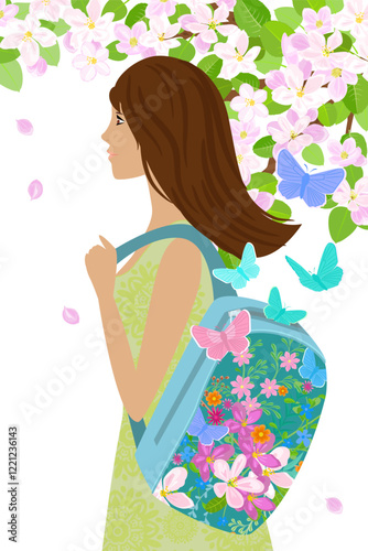profile view of girl with colorful backpack against blooming apple tree branches. flying butterflies from open backpack
