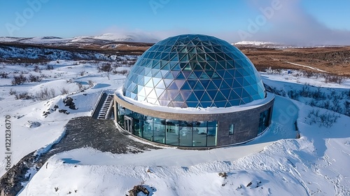 Geothermal dome winter landscape aerial view