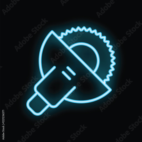 Blue neon icon of an angle grinder cutting something on a black background