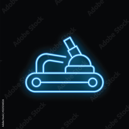 Glowing neon line icon of a self propelled artillery howitzer military vehicle, a powerful symbol of warfare