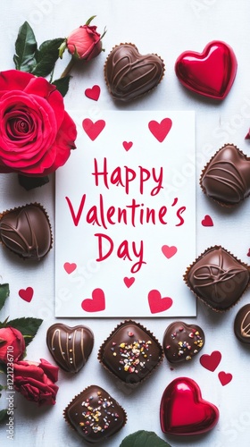 Celebrating love with chocolates, roses, and heartfelt messages on Valentine's Day amidst red hearts and sweet treats photo