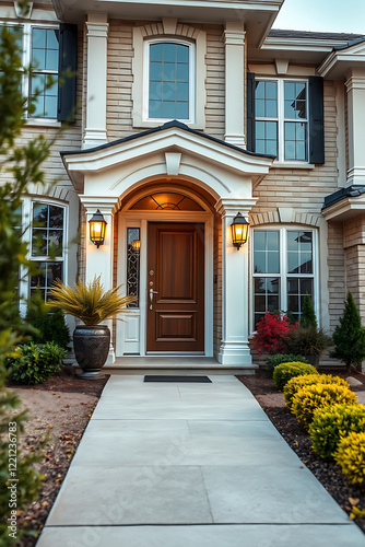 Wallpaper Mural Elegant Home Exterior with Landscaped Walkway and Brick Facade. Luxurious Residential Property Entrance with Columns and Garden Torontodigital.ca