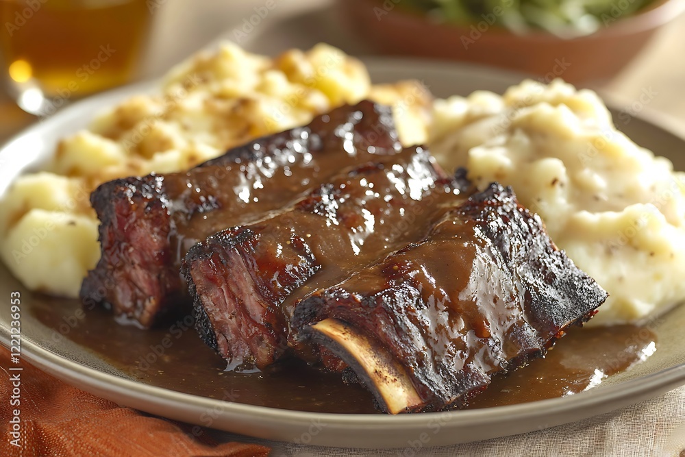 A plate of BBQ short ribs, slowly smoked and served with a side of creamy mashed potatoes and gravy. A plate of BBQ short ribs, slowly smoked and served with a side of creamy mashed potatoes and gravy.