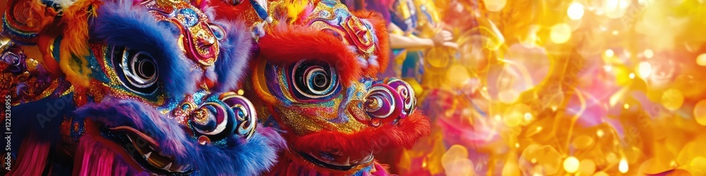 Obraz premium Vibrant Celebration: Colorful Lion Dance Mask Enhancing Festive Atmosphere with Intricate Details and Joyful Energy.