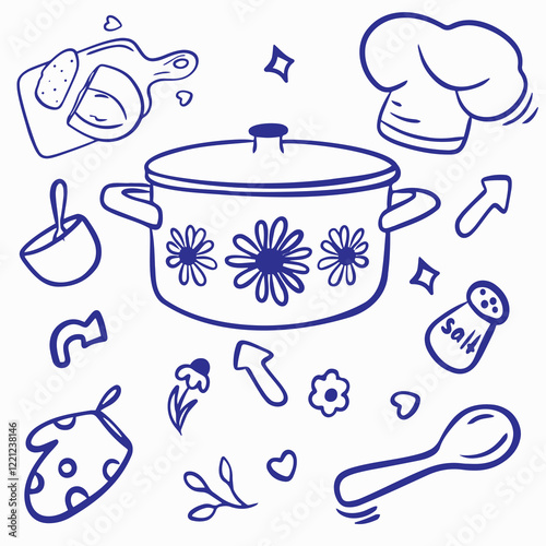 Vector set of kitchen items in doodle style: pot with flowers, chef's hat, spoon, bowl, potholder, board with bread, salt, flowers