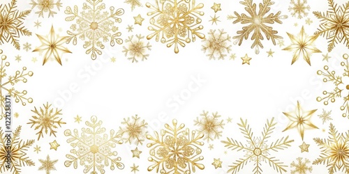 Delicate gold snowflake border on a winter white background with intricate patterns and subtle sparkle