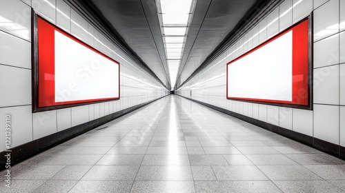 A long subway tunnel featuring a white billboard with striking red accents, highlighting a perspective and advertising design concept in a sleek, modern environment. photo