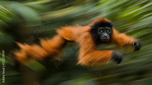 Red uakari monkey leaping, rainforest, blurred motion, wildlife photo