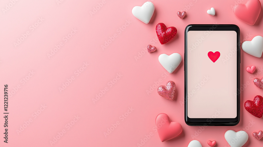Smartphone showing heart icon surrounded by decorative hearts on pink background with copy space Smartphone showing heart icon surrounded by decorative hearts on pink background with copy space