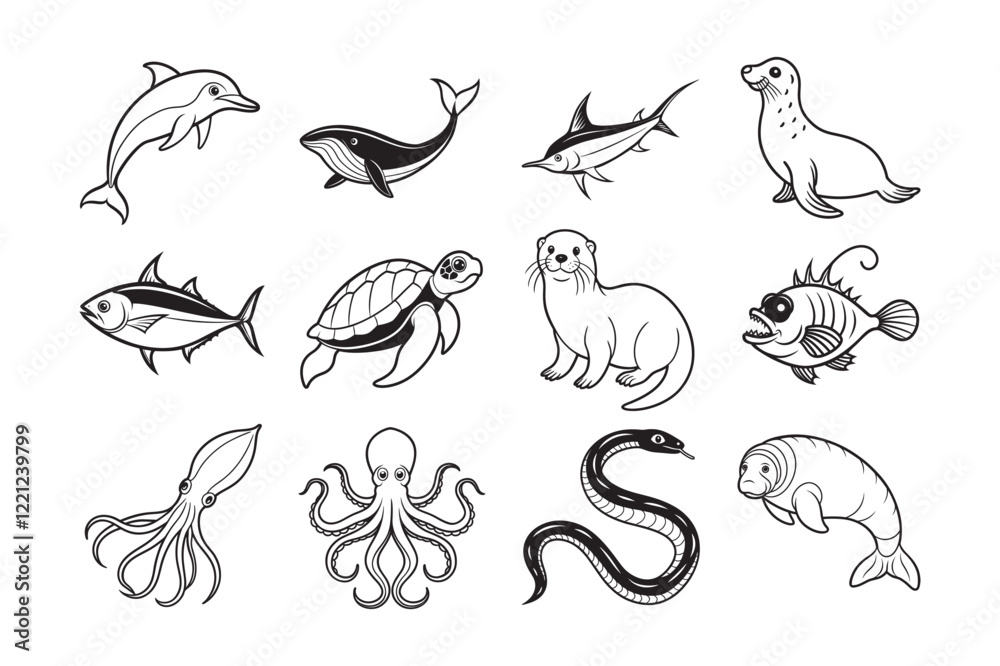 Fototapeta premium Sea animal vector illustration bundle