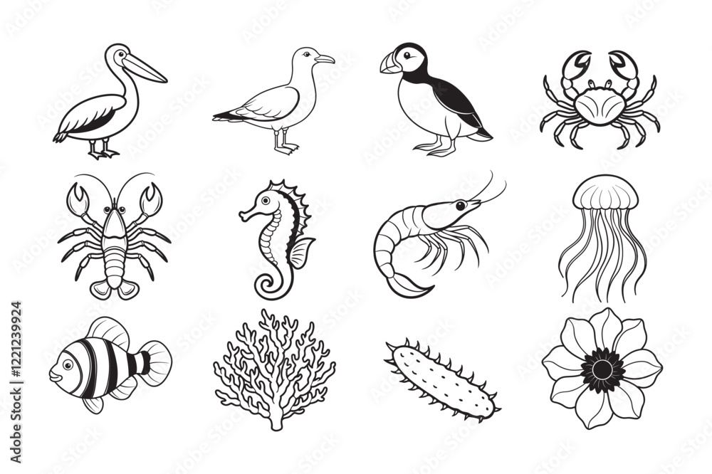 Fototapeta premium Sea animal silhouette vector illustration set