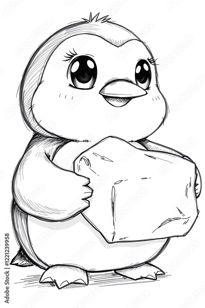 cheerful penguin carrying a block of ice, black and white illustration for kids coloring books and creative projects cheerful penguin carrying a block of ice, black and white illustration for kids coloring books and creative projects