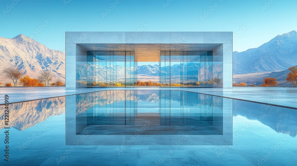Fototapeta premium A modern glass structure stands prominently on a reflective surface,