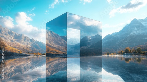 A modern glass structure stands prominently on a reflective surface,