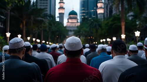 Muslim Community Gathering at City Mosque at Dusk