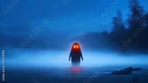 Mysterious Creature in Foggy Lake at Night