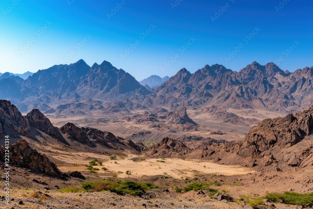 Naklejka premium Breathtaking panoramic view of rugged mountain ranges clear blue sky gigapixel landscape photography vast desert environment high angle perspective natural beauty