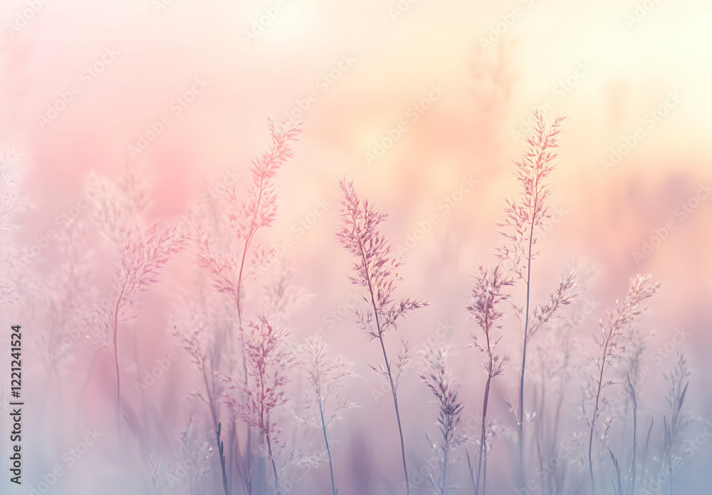 Obraz premium Beautiful meadow with tall grass at sunrise, foggy sky, pink and orange sky