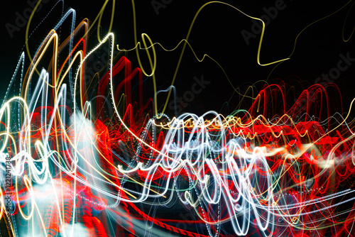 Abstract blurred colorful light effect on a black background. Long exposure photo of moving camera.