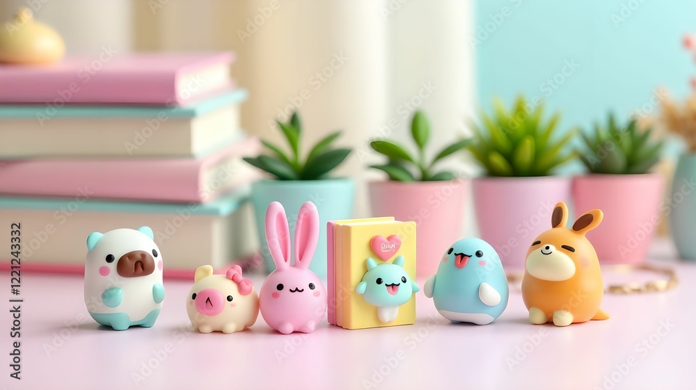 Colorful collection of small plants and cute figurines on a bright tabletop during spring Colorful collection of small plants and cute figurines on a bright tabletop during spring