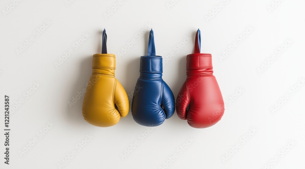 Naklejka premium The Fight is On: A trio of boxing gloves in vibrant yellow, blue, and red stand poised on a minimalist background, ready for the ultimate showdown. 