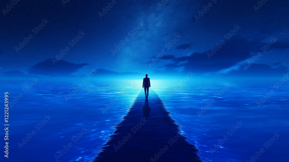 Fototapeta premium A lone figure walks down a blue, illuminated path. The path leads toward a bright light in the distance, against a darker blue sky.