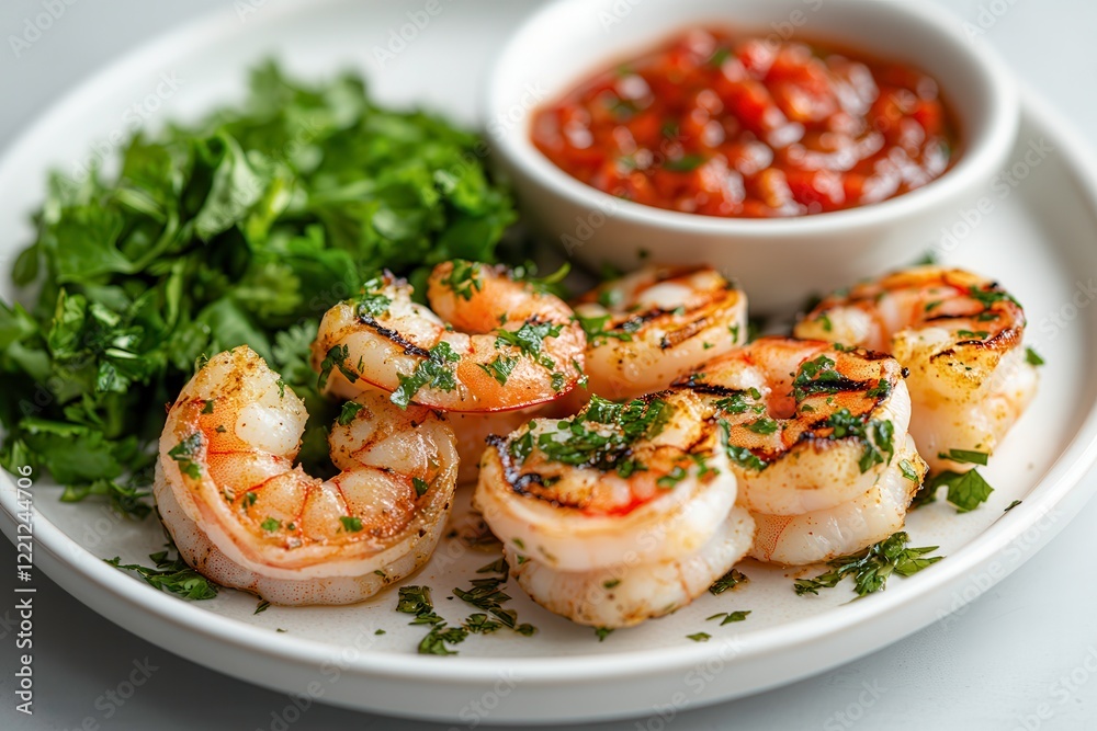 Grilled Shrimp With Cilantro Chimichurri Served on a Plate With Charred Red Sauce and Fresh Greens. Generative AI Grilled Shrimp With Cilantro Chimichurri Served on a Plate With Charred Red Sauce and Fresh Greens. Generative AI