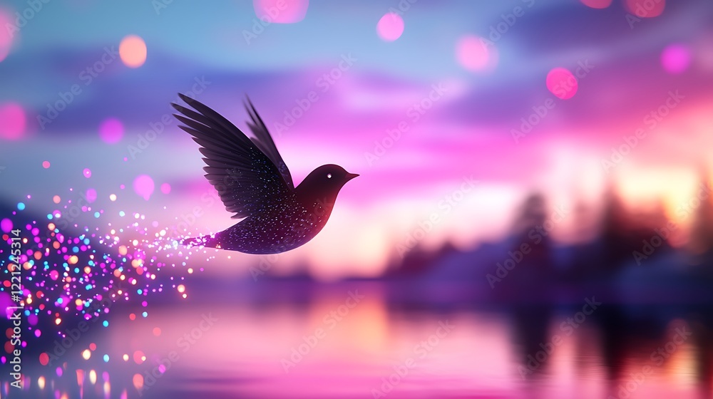 Fototapeta premium Pixel Bird in Flight at Sunset A Dreamlike Digital Landscape