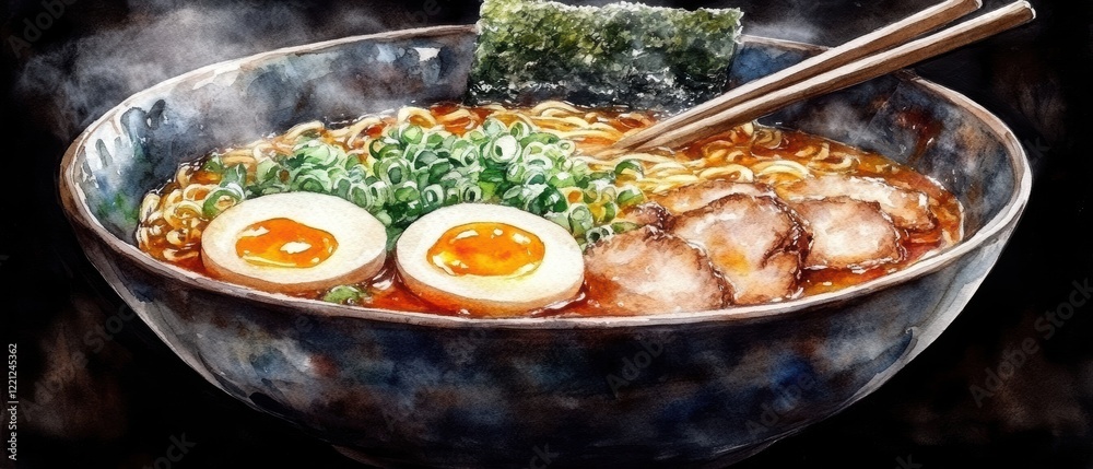 Fototapeta premium Delicious Bowl of Ramen with Soft-Boiled Eggs and Pork Slices