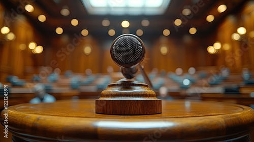 A wooden courtroom interior featuring a polished table with a gavel prominently displayed,