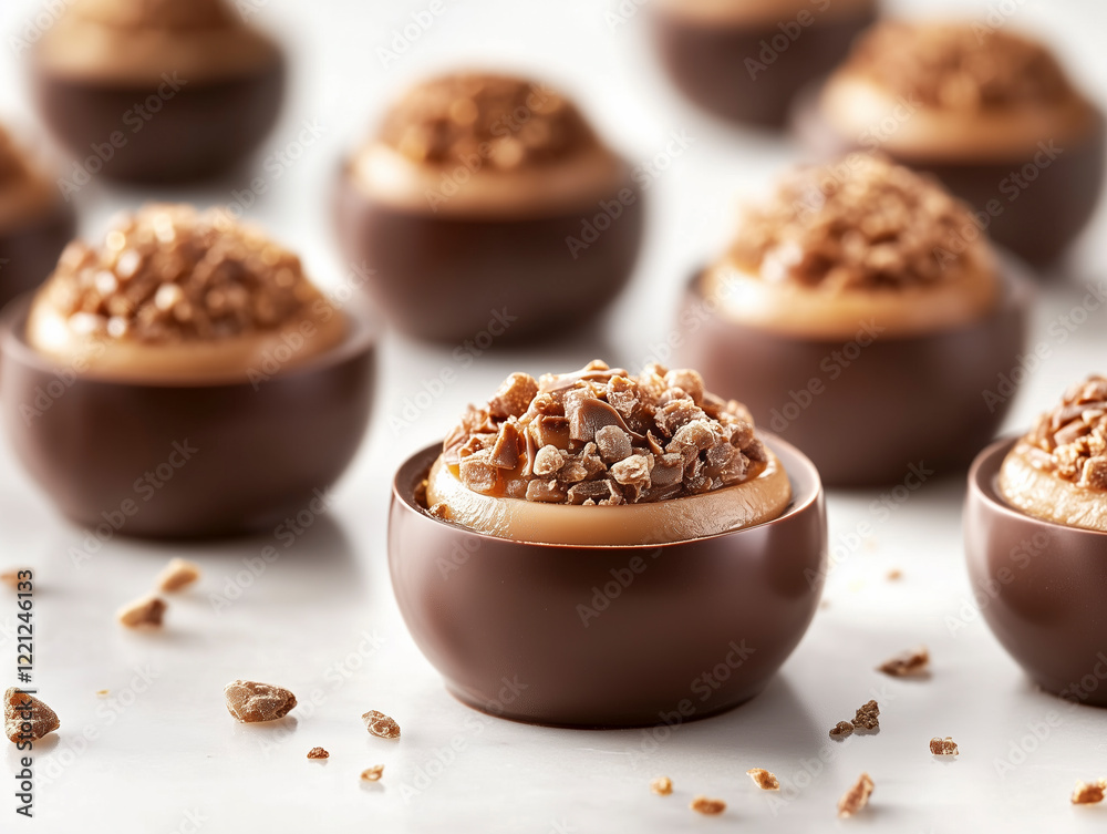 Close-up of elegant nougat-filled pralines on a white backdrop with gold accents, luxurious and detailed. Close-up of elegant nougat-filled pralines on a white backdrop with gold accents, luxurious and detailed.