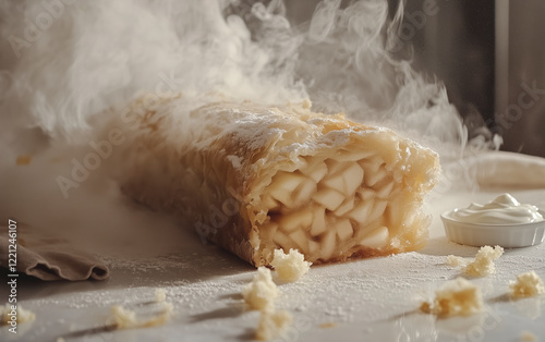 Warm apple strudel with steam rising as it’s sliced, paired with vanilla sauce and casual linen props. photo