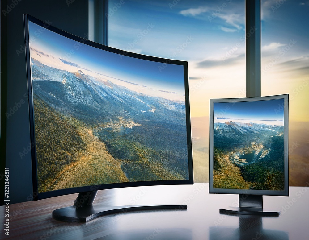 Fototapeta premium A high-tech workspace featuring a curved widescreen monitor and a vertical display, displaying a scenic mountain view. Perfect for gaming, professional work, and an immersive digital experience.